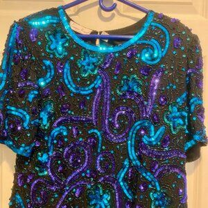 Laurence Kazar Black Silk Beaded Green Blue Purple Swirl Sequin Top Sz PXL